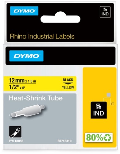 Labeltape Dymo Rhino industrieel krimpkous 12mm zwart op geel