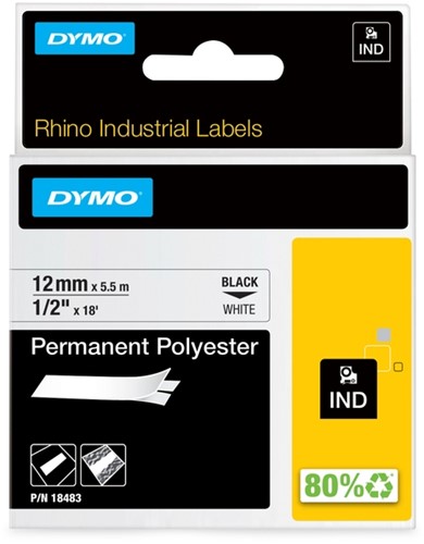 Labeltape Dymo Rhino industrieel polyester 12mm zwart op wit