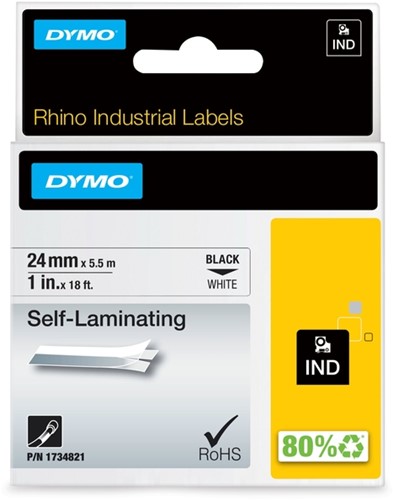 Labeltape Dymo Rhino industrieel zelflaminerend 24mm zwart op wit