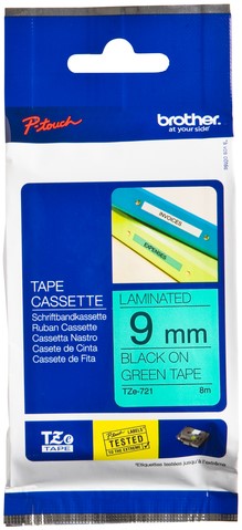 Labeltape Brother P-touch TZe-721 standaard 9mm zwart op groen