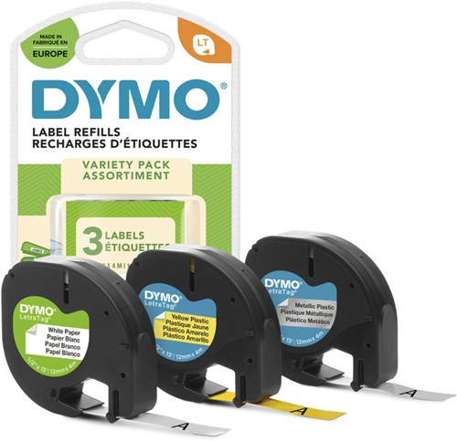 Labeltape Dymo LetraTag 12mm assorti 3 stuks