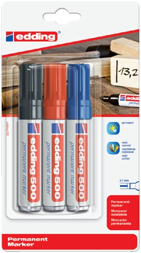 Permanent marker edding 500, schuin, 2-7mm, assorti, blister à 3 stuks