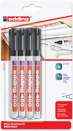 Permanent marker edding 400, rond, 1mm, zwart, blister à 4 stuks