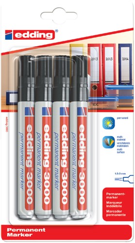 Permanent marker edding 3000, rond, 1.5-3mm, zwart, blister à 4 stuks