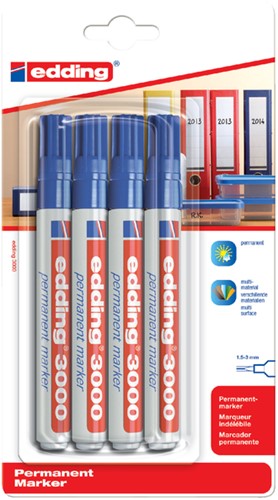 Permanent marker edding 3000, rond, 1.5-3mm, blauw, blister à 4 stuks