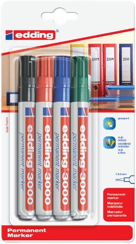 Permanent marker edding 3000, rond, 1.5-3mm, assorti, blister à 4 stuks