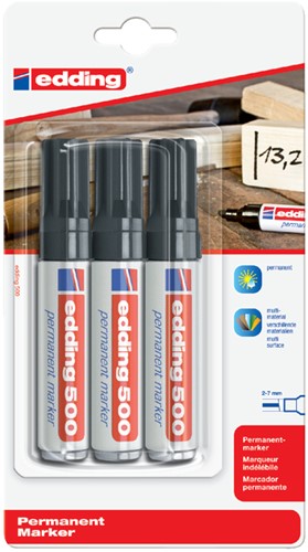 Permanent marker edding 500, schuin, 2-7mm, zwart, blister à 3 stuks