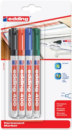 Permanent marker edding 400, rond, assorti 1mm, blister à 4 stuks