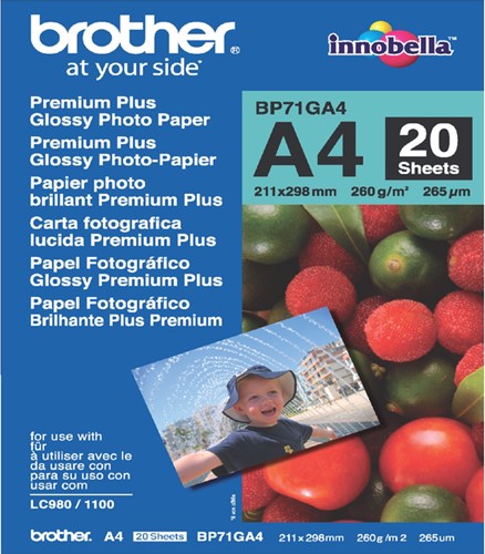 Inkjetpapier Brother Bp-71, A4 260 gram, glans, 20 vel