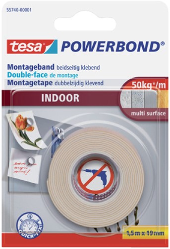 Dubbelzijdig montagetape tesa® Powerbond Indoor, 1,5mx19mm, wit