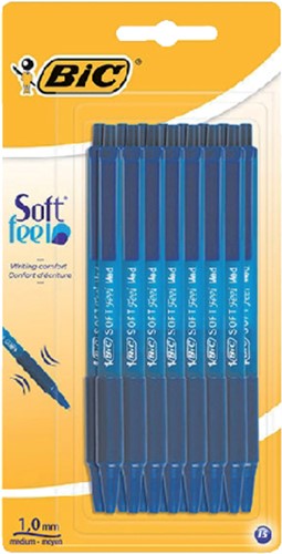 Balpen Bic soft feel clic Grip, medium, blauw, blister à 15 stuks