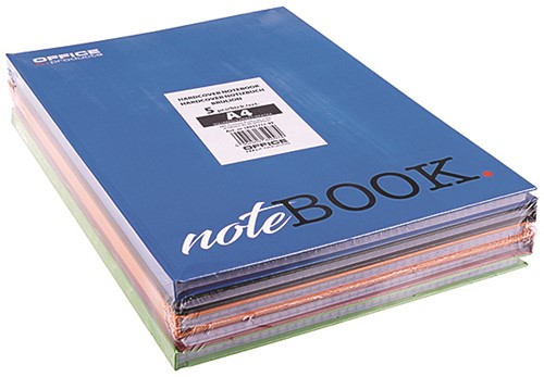 Notitieboek A4 geruit 5x5mm, 96 vel, assortie kleuren (pak à 5 stuks)