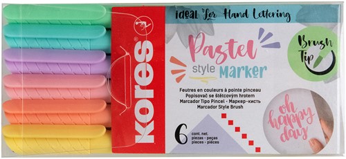Brush tip markers Kores, set van 6 stuks, pastel kleuren