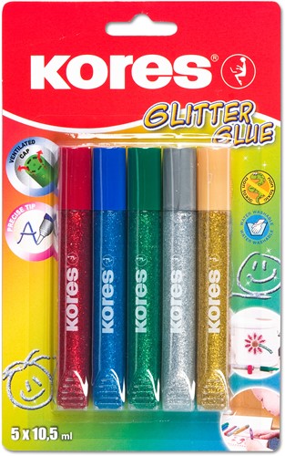 Glitterlijm pennen Kores, set 5x10,5ml, felle kleuren