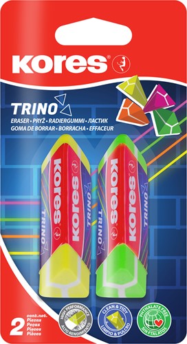 Gum Kores, driehoekig "TRINO", 2 neon kleuren op blister