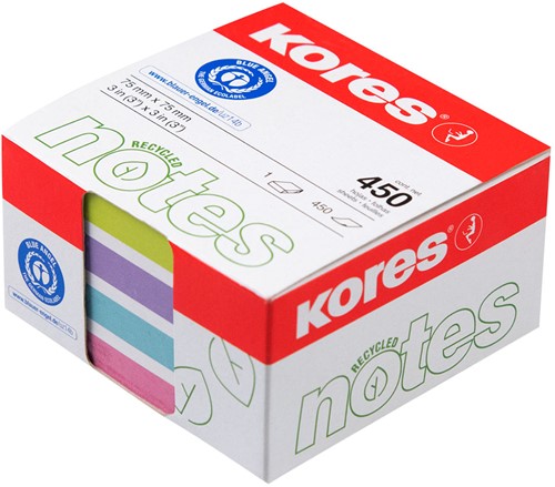Sticky notes Kores 75x75mm recycled, 450 vel, incl. 4 pastelkleuren