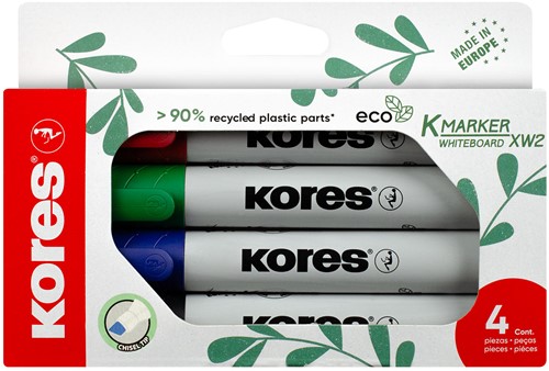 Whiteboard markers Kores "ECO XW1", 90% recycled plastic, 3mm beitel punt, set van 4 kleuren
