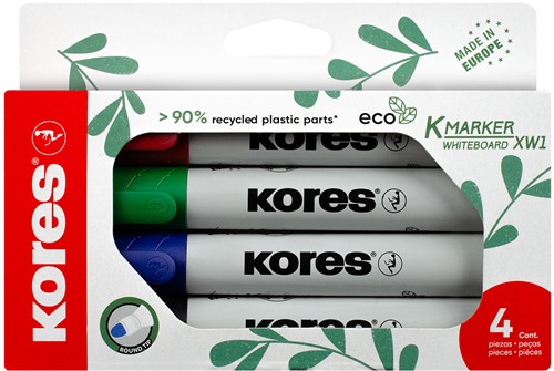 Whiteboard markers Kores "ECO XW1", 90% recycled plastic, 3mm ronde punt, set à 4 kleuren