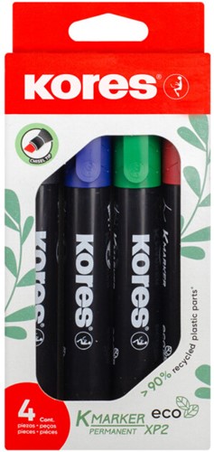 Permanent marker Kores "ECO Set XP1", 90% recycled plastic, 3mm ronde punt, set à 4 kleuren