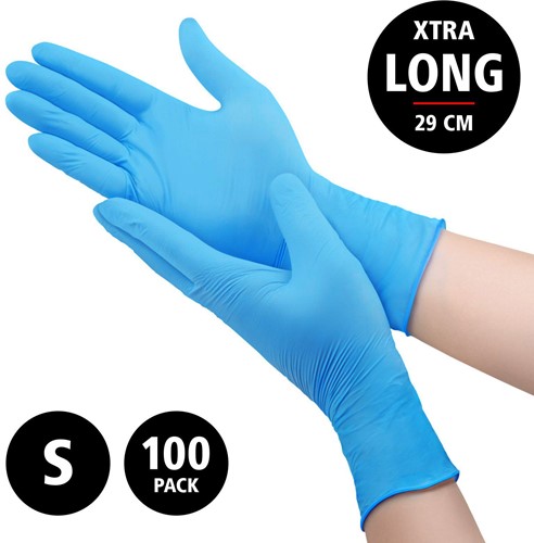 Nitril Power - doos/100 stuks - maat S - blauwe handschoenen ongepoederd - extra lang